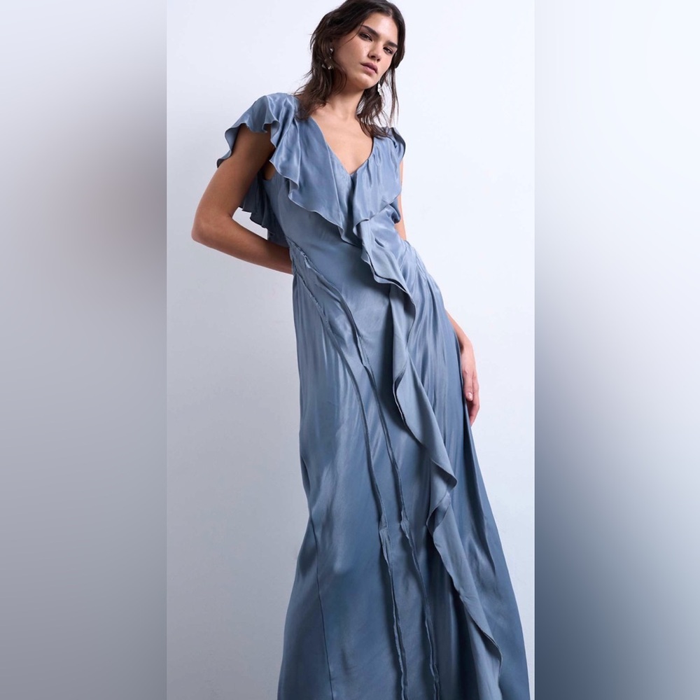 Topshop Dusty Blue Ruffle Maxi Dress